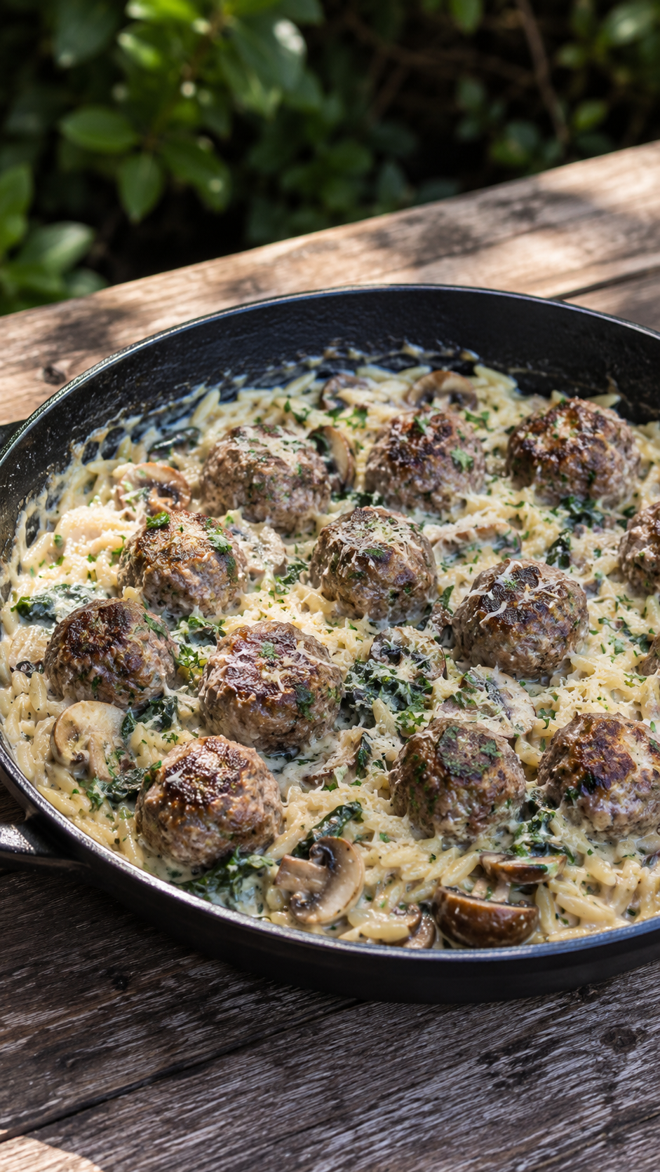 Creamy Garlic Meatballs with Orzo, Mushrooms & Spinach