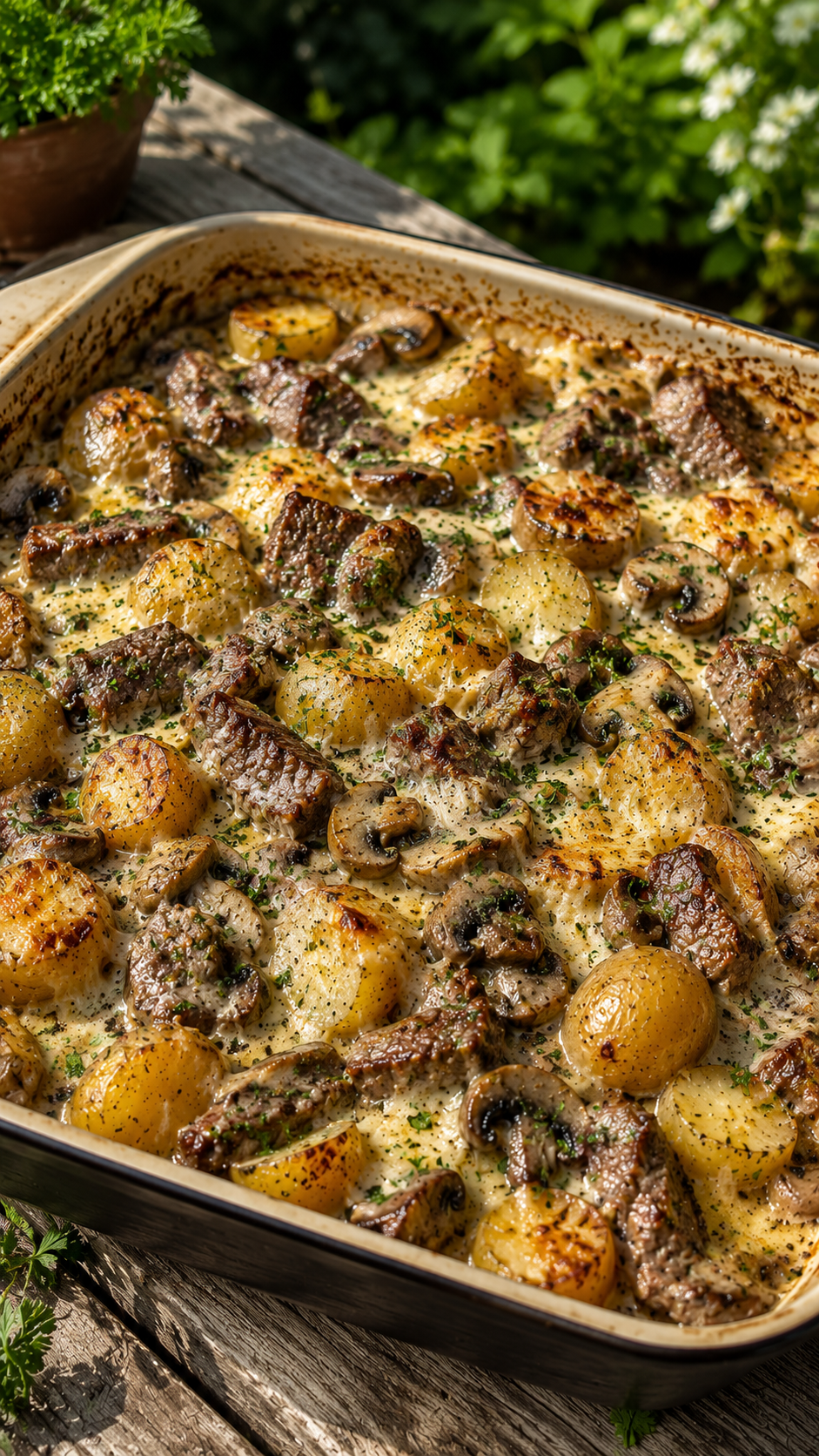 Creamy Garlic Steak & Potato Bake